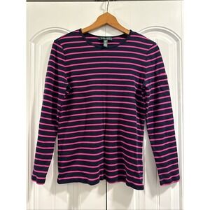 Lauren Ralph‎ Lauren Top Womens Large Black Pink Stripe Pullover Blouse Tee